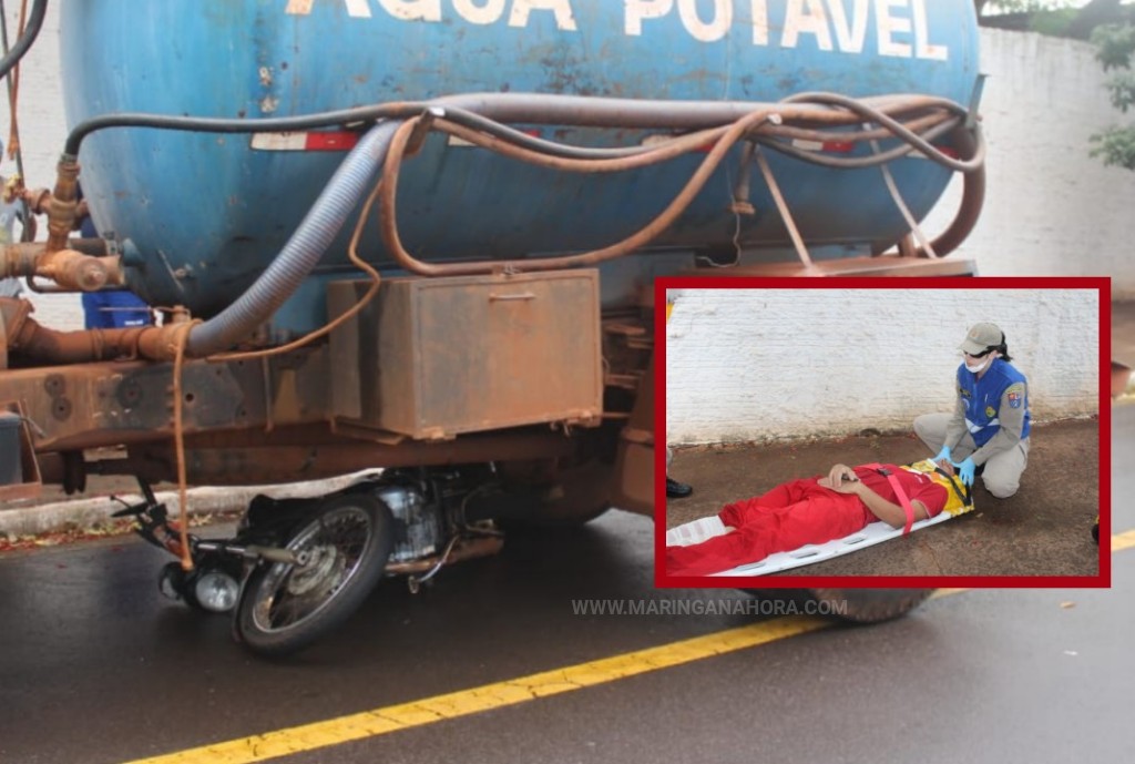 foto de Motociclista sofre acidente e moto vai parar embaixo de caminhão em Maringá