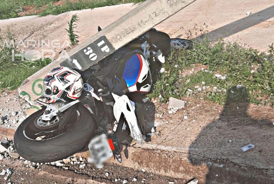 foto de Homem fica ferido ao bater moto de alta cilindradas em poste na marginal do Contorno Norte de Maringá