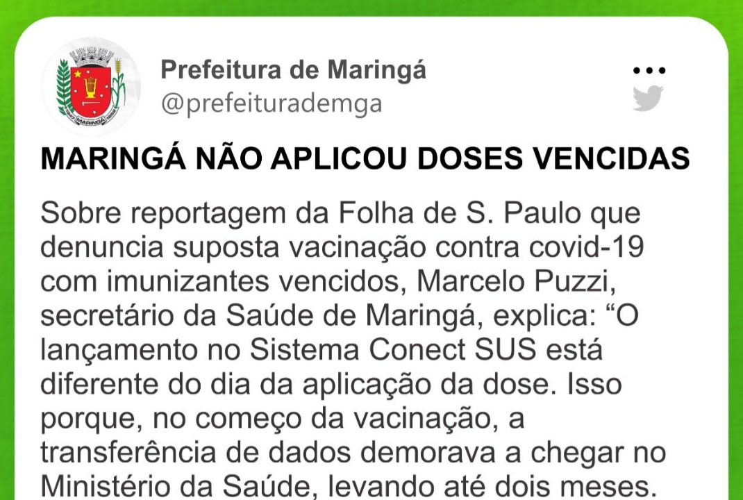 foto de Prefeitura diz que não aplicou doses vencidas, em Maringá