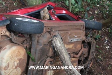 foto de Em Maringá; galho de árvore atravessa carro em acidente, e três pessoas são resgatadas sem ferimentos graves