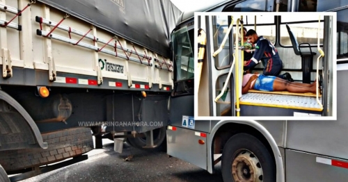 Cinco pessoas ficam feridas em acidente envolvendo ônibus do transporte coletivo e uma carreta, entre Paiçandu e Maringá