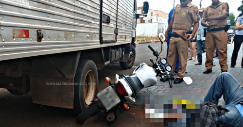 Motociclista tem o pé lacerado, após colisão com caminhão em Paiçandu