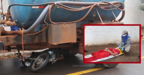 Motociclista sofre acidente e moto vai parar embaixo de caminhão em Maringá