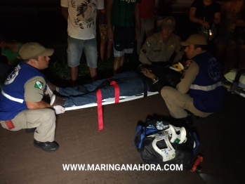 foto de Colisão entre moto e bicicleta, deixa três pessoas feridas na saída da rodovia que da acesso a marginal em Paiçandu