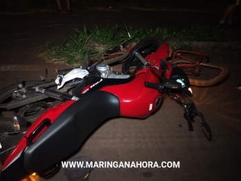 foto de Colisão entre moto e bicicleta, deixa três pessoas feridas na saída da rodovia que da acesso a marginal em Paiçandu