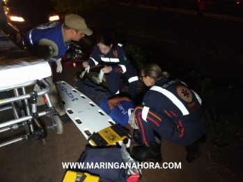 foto de Colisão entre moto e bicicleta, deixa três pessoas feridas na saída da rodovia que da acesso a marginal em Paiçandu