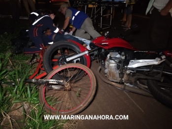 foto de Colisão entre moto e bicicleta, deixa três pessoas feridas na saída da rodovia que da acesso a marginal em Paiçandu