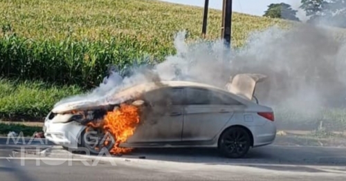 Carro pega fogo na rodovia BR-376, no Jardim São Domingos