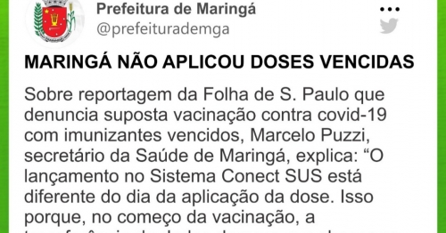 Prefeitura diz que não aplicou doses vencidas, em Maringá