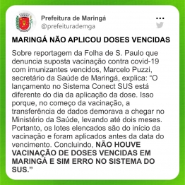 foto de Prefeitura diz que não aplicou doses vencidas, em Maringá